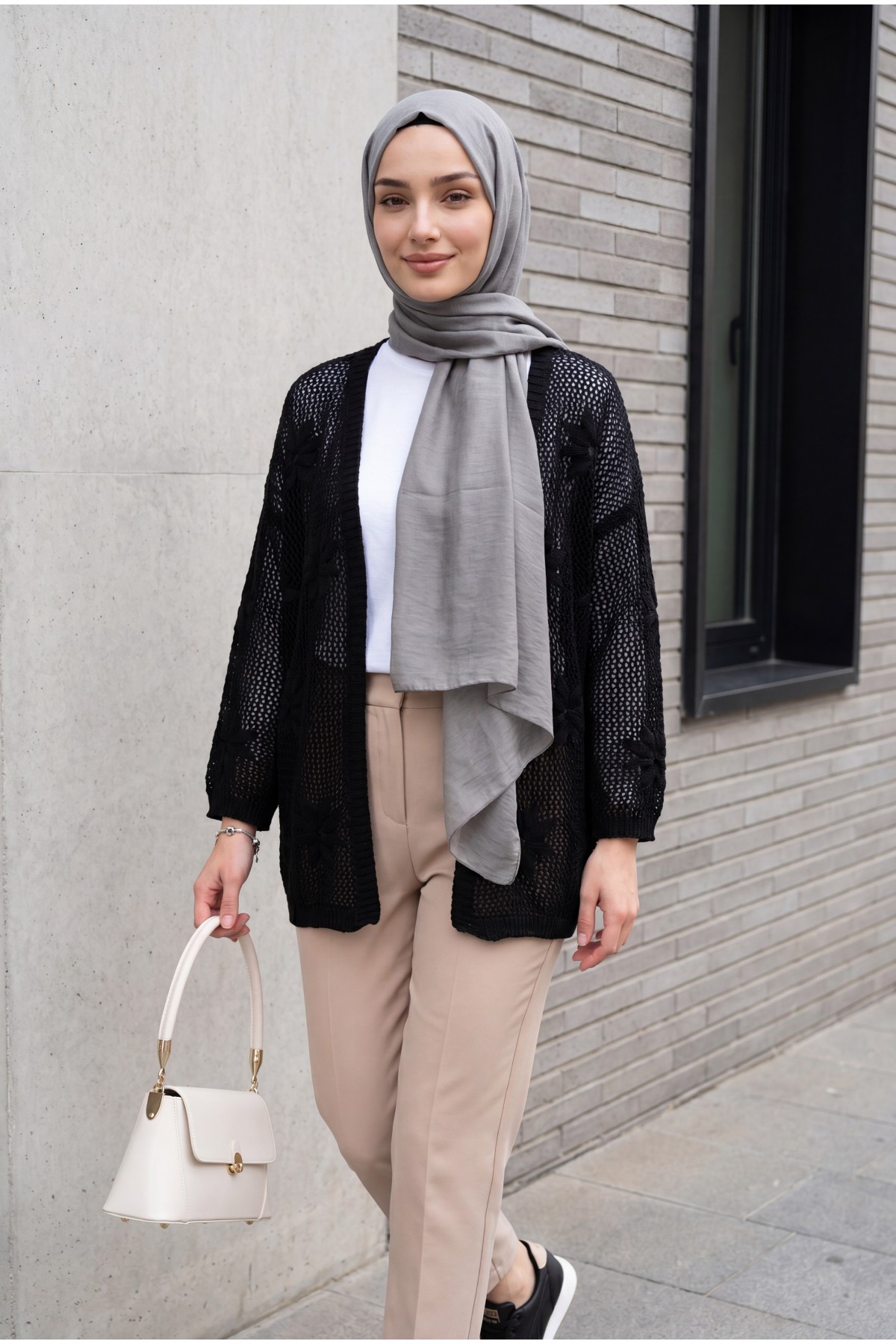 Floral Detail Openwork Knitted Cardigan -Black