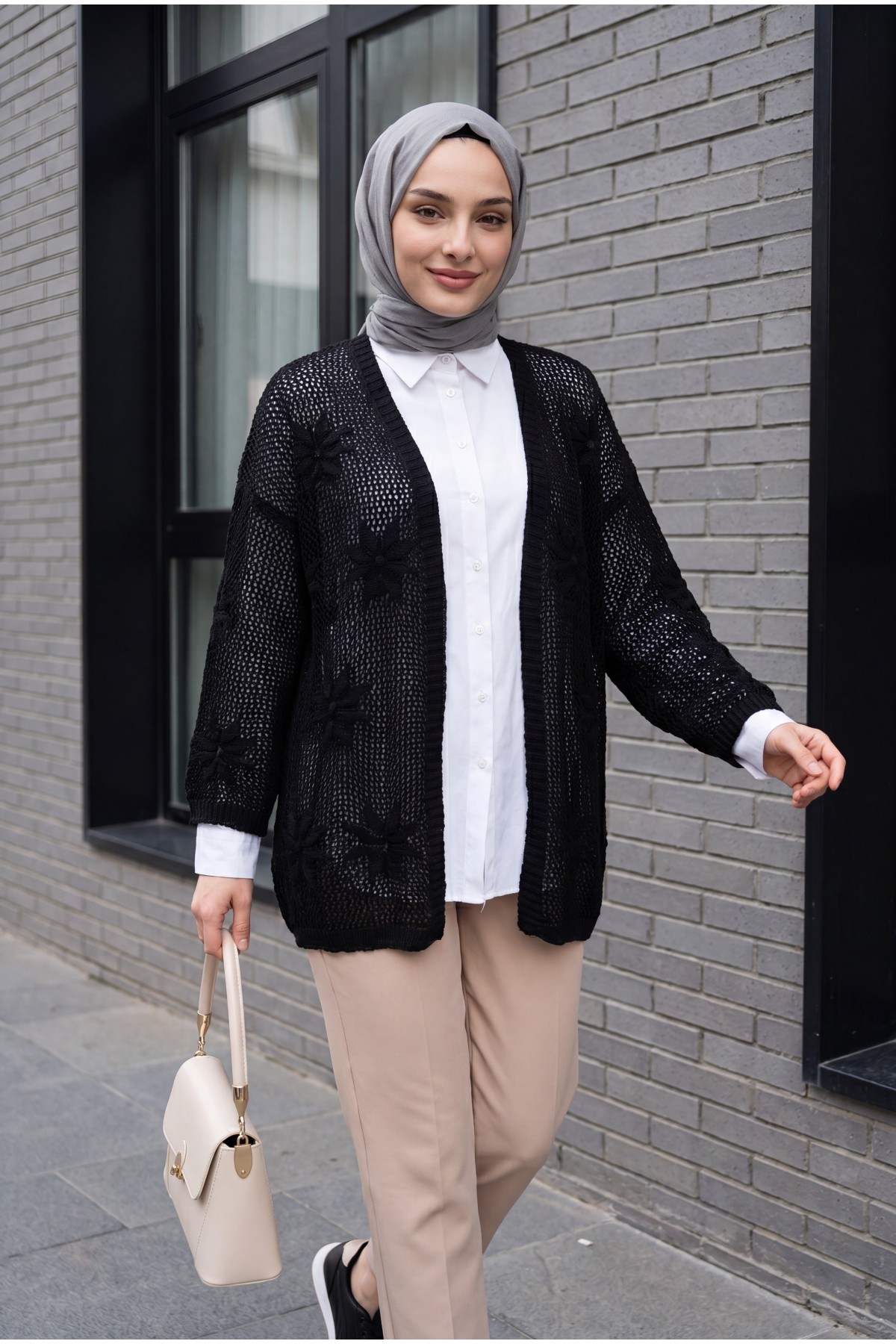 Floral Detail Openwork Knitted Cardigan -Black