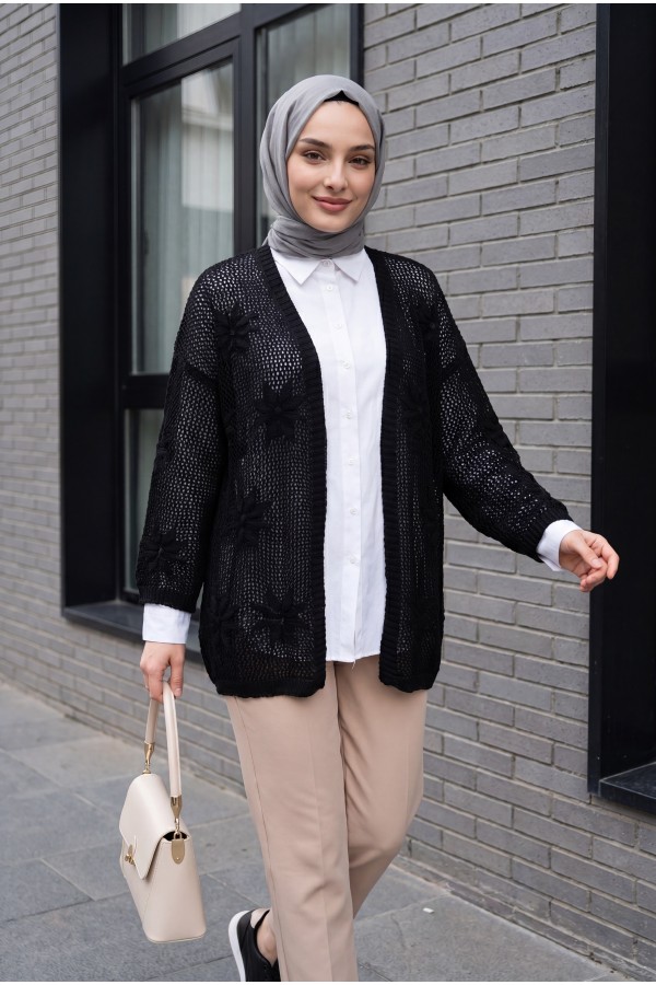 Floral Detail Openwork Knitted Cardigan -Black