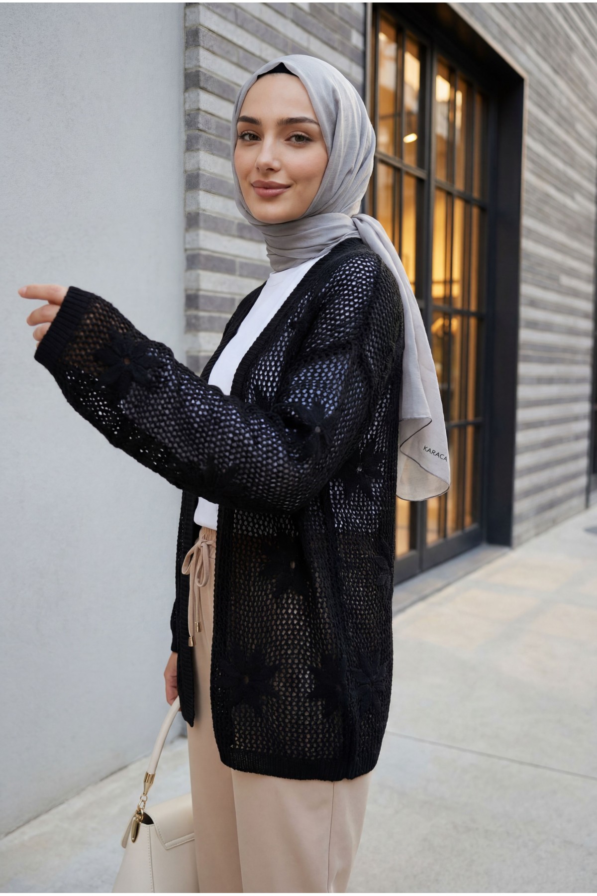 Floral Detail Openwork Knitted Cardigan -Black