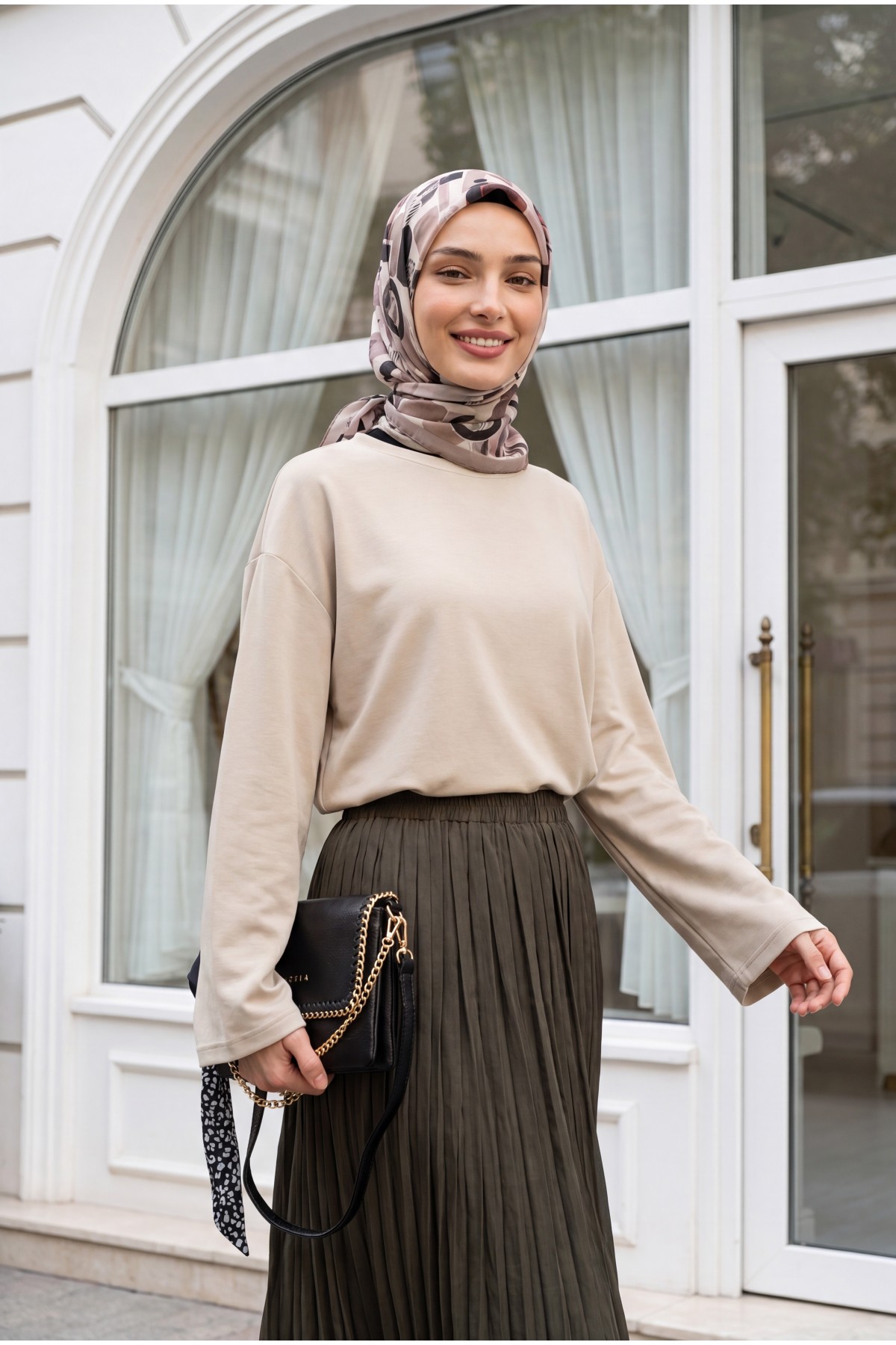 Round Neck Loose Fit Cotton Blouse  -Stone