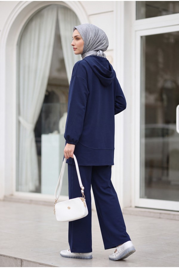 Hooded, Half-Buttoned, Elasticated Cuff Pants with Pockets Oysho Set -Navy blue