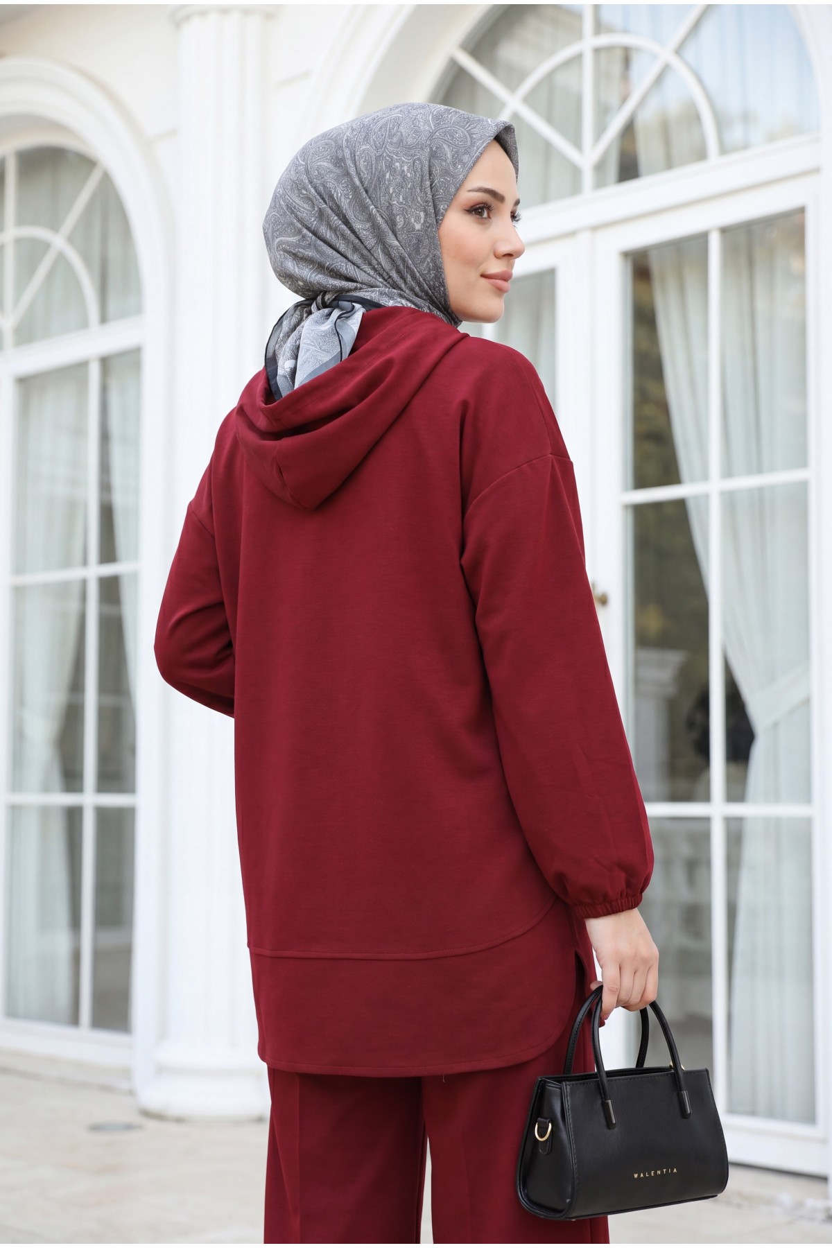 Hooded, Half-Buttoned, Elasticated Cuff Pants with Pockets Oysho Set -Maroon