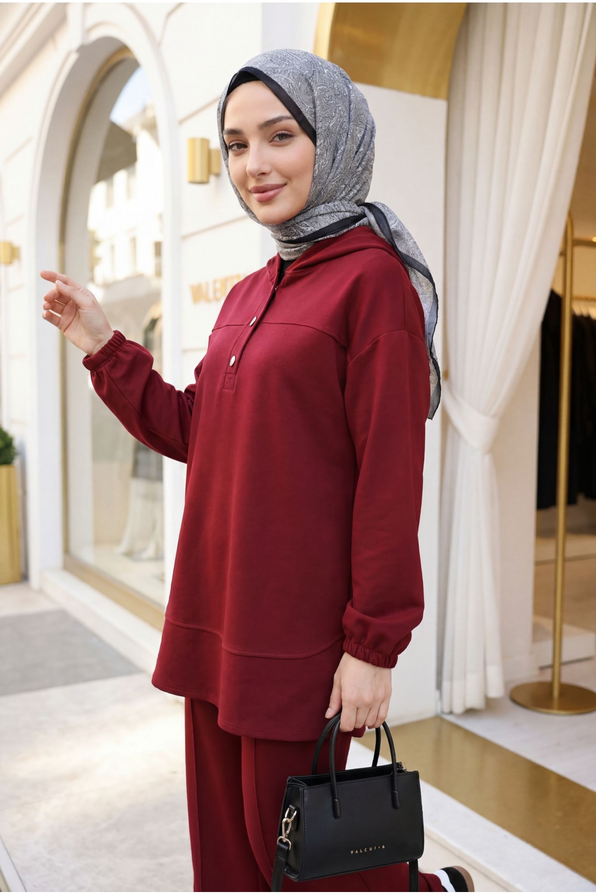 Hooded, Half-Buttoned, Elasticated Cuff Pants with Pockets Oysho Set -Maroon detay görseli