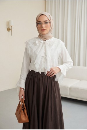 Yakası Bağcıklı Fırfırlı Dantel Detaylı Arkası Uzun Cupra Gömlek  -Beyaz