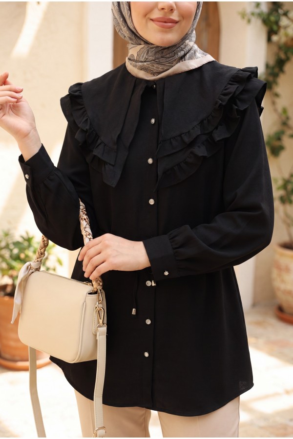 Linen Tunic with Double Layer Ruffled Collar, Buttoned Waist, and Drawstring -Black