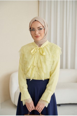 Long Back Cupra Shirt with Lace Detail and Lace Neckline -Light yellow