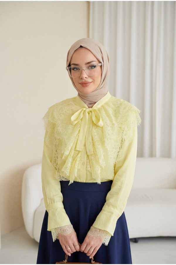 Long Back Cupra Shirt with Lace Detail and Lace Neckline -Light yellow