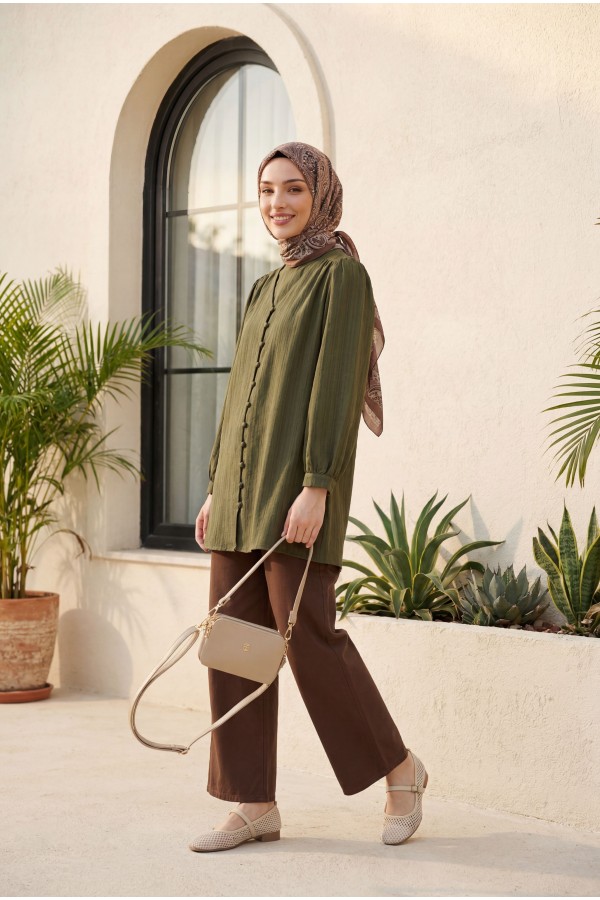 Lacing Detailed Wide Leg Linen Trousers with Elastic Waist -Brown