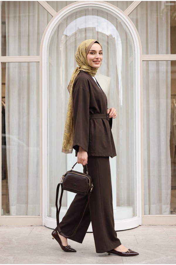 Kimono Set with Belt and Trousers  -Brown
