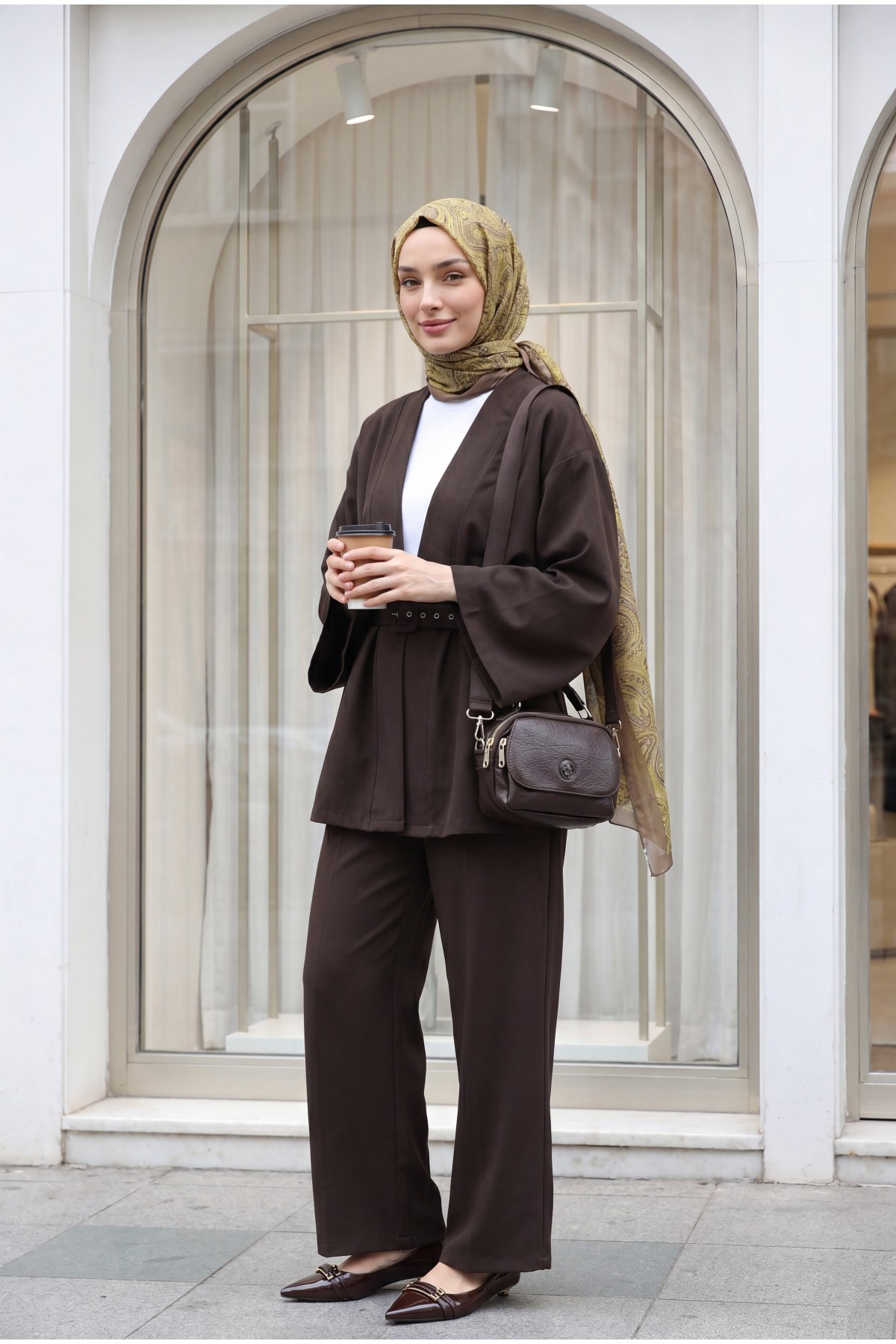 Kemerli Pantolonlu Kimono Takım   -Kahve