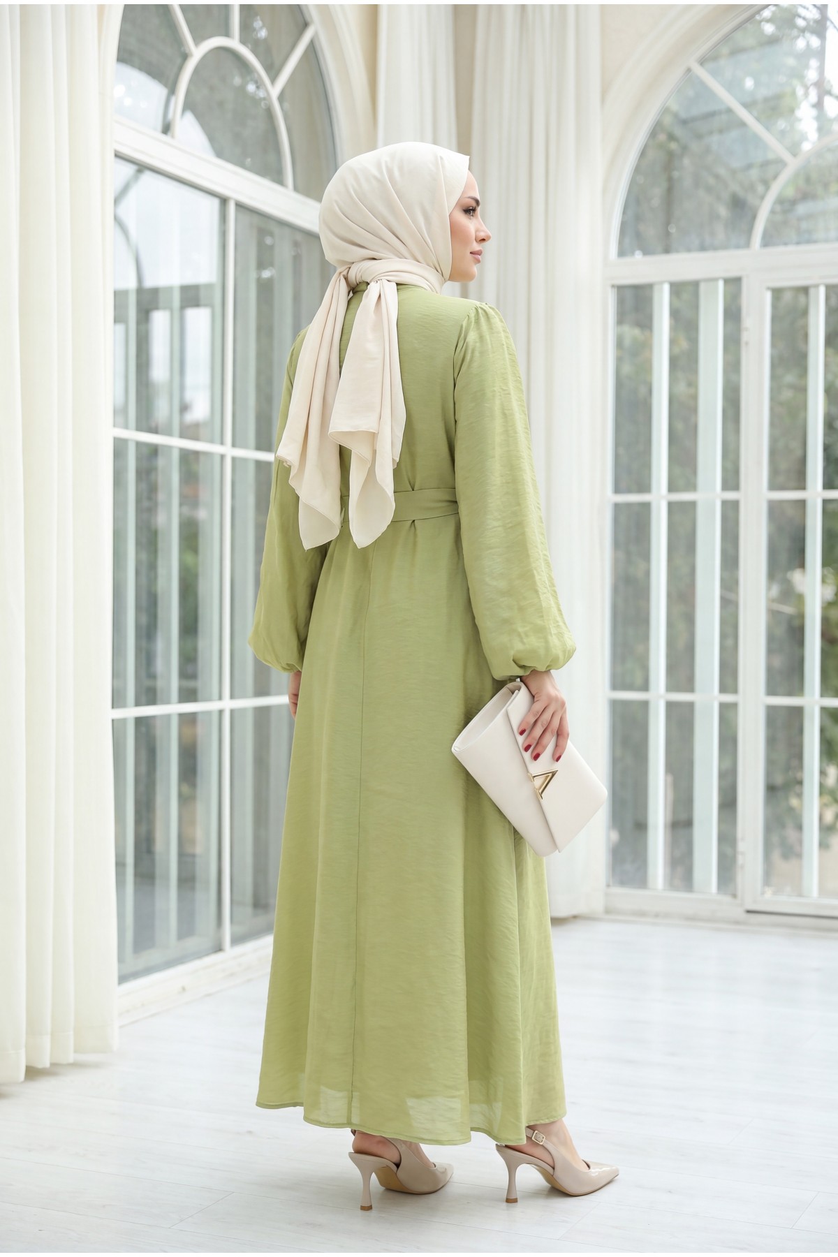 Front Embellished with Rhinestones and Flowers, Belted Waist, Lined Tulle Modal Dress -Cagla Green