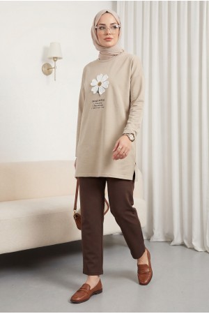 Önü Çiçek Nakışlı Bisiklet Yaka Penye Tunik -Vizon