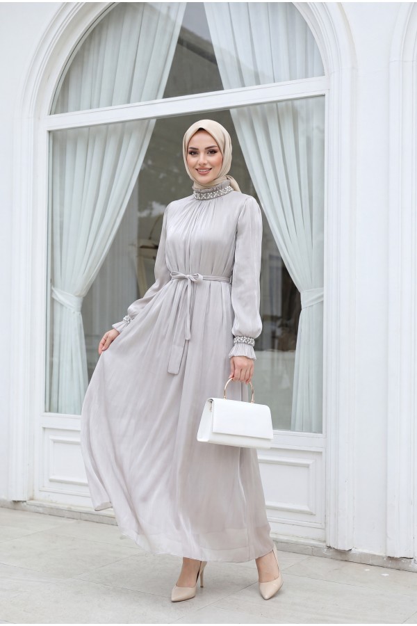 Sparkly Chiffon Evening Dress with Embellished Neckline and Sleeves and Belt -Stone