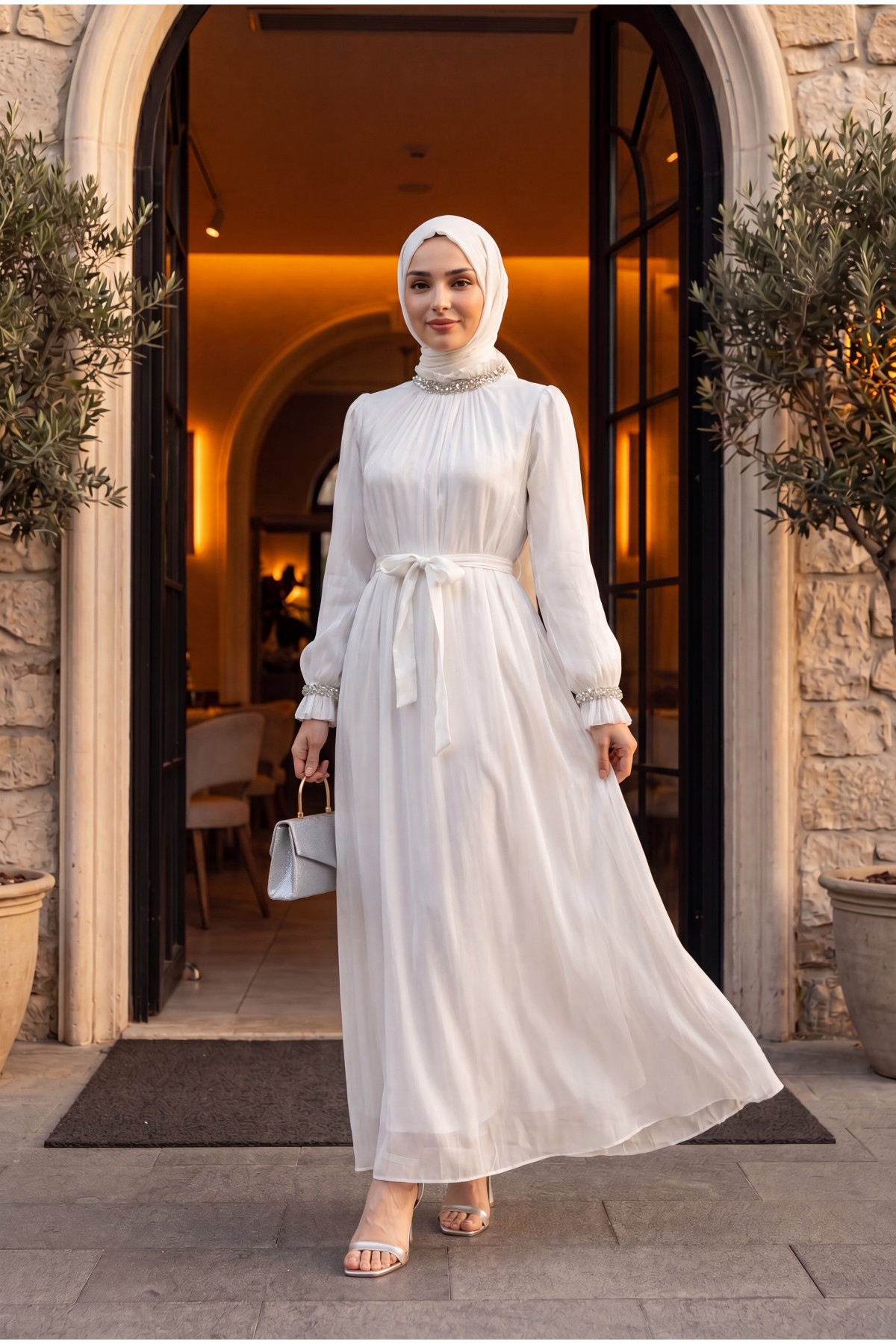 Sparkly Chiffon Evening Dress with Embellished Neckline and Sleeves and Belt -White