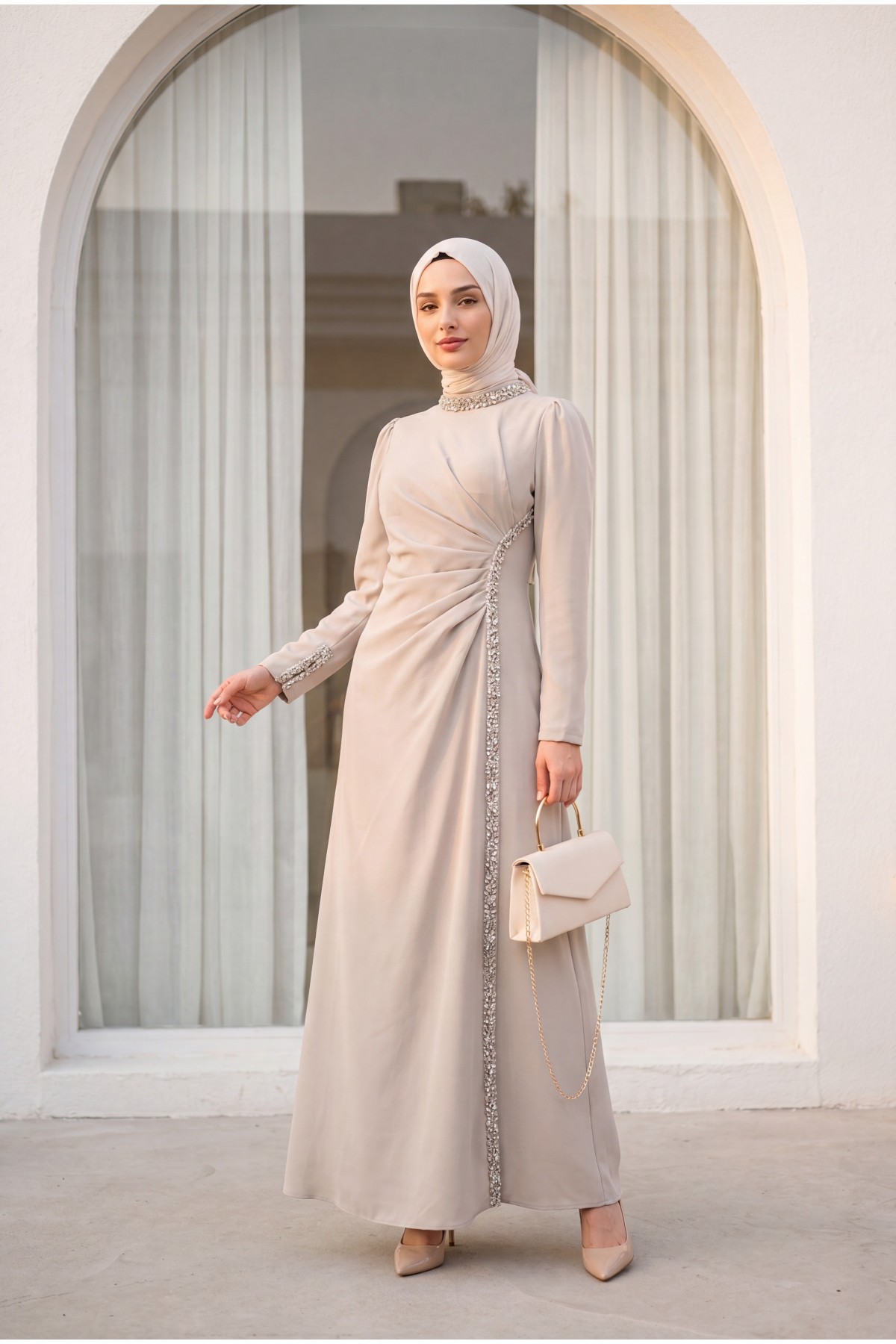 Crepe Evening Dress with Stone Embellishments on the Neckline and Sides -Stone