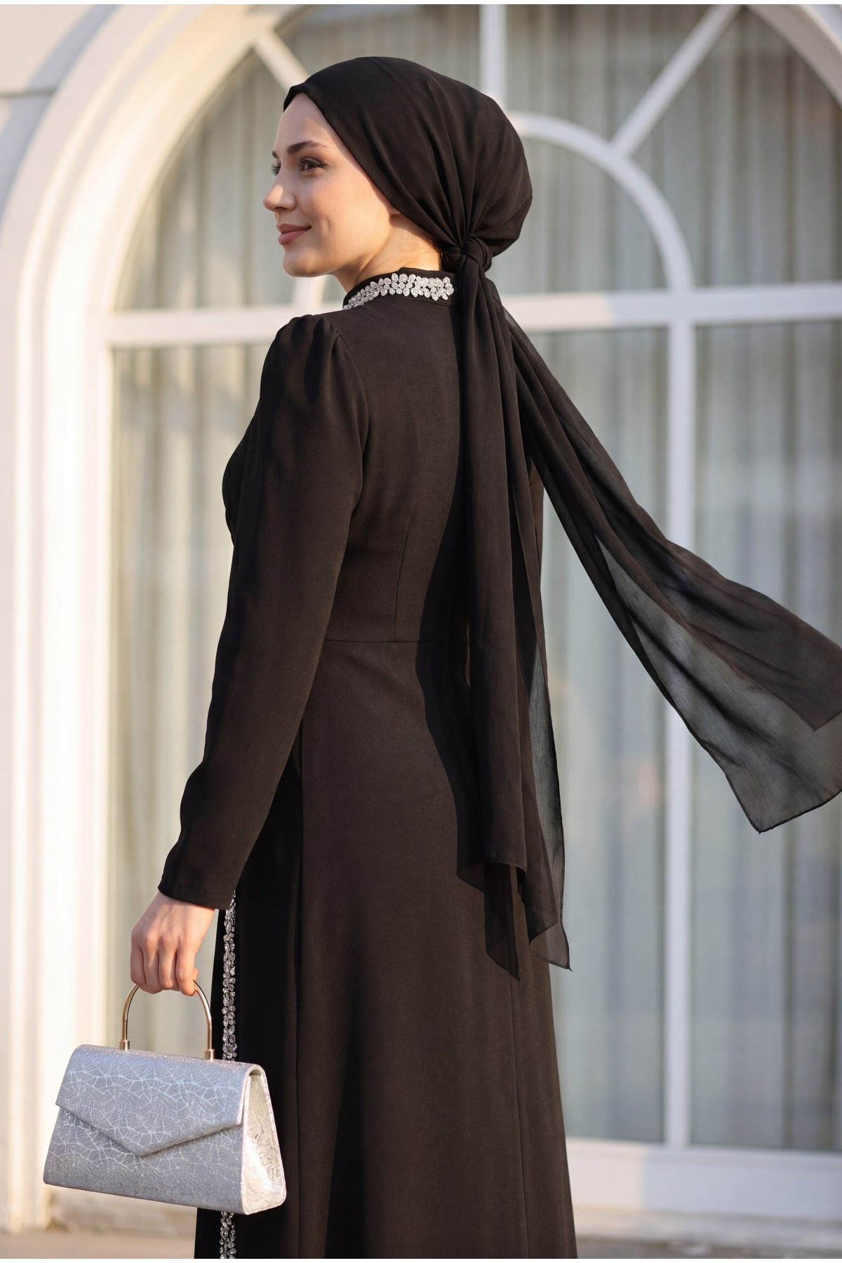 Crepe Evening Dress with Stone Embellishments on the Neckline and Sides -Black
