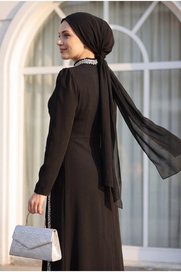 Crepe Evening Dress with Stone Embellishments on the Neckline and Sides -Black
