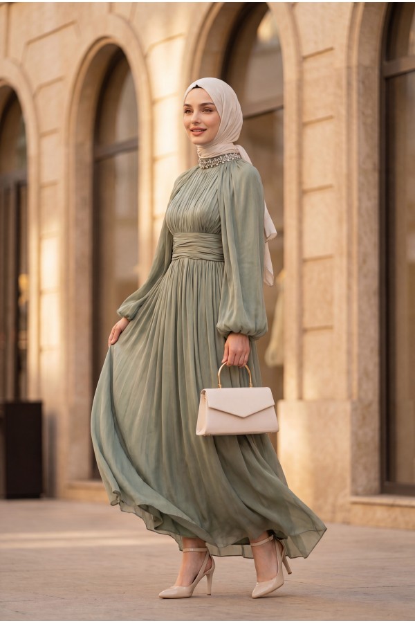Draped Waist, Embellished Neckline, Cape Sleeves, Shimmering Chiffon Evening Dress -Sea green
