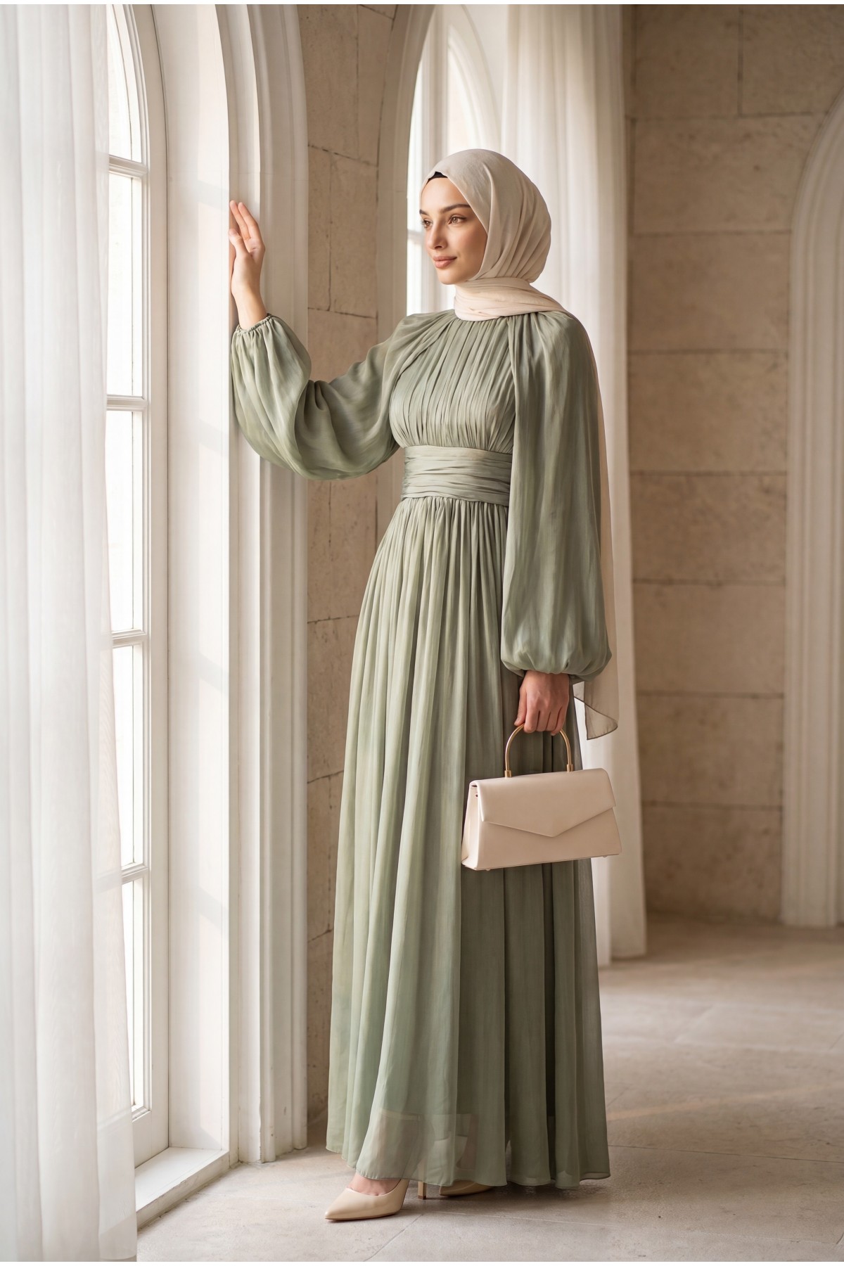 Draped Waist, Embellished Neckline, Cape Sleeves, Shimmering Chiffon Evening Dress -Sea green