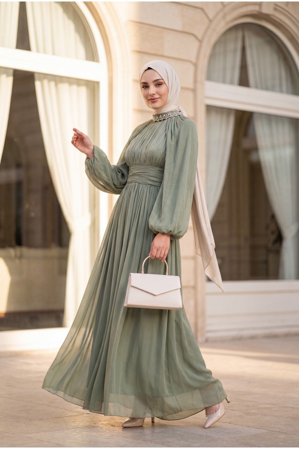 Draped Waist, Embellished Neckline, Cape Sleeves, Shimmering Chiffon Evening Dress -Sea green