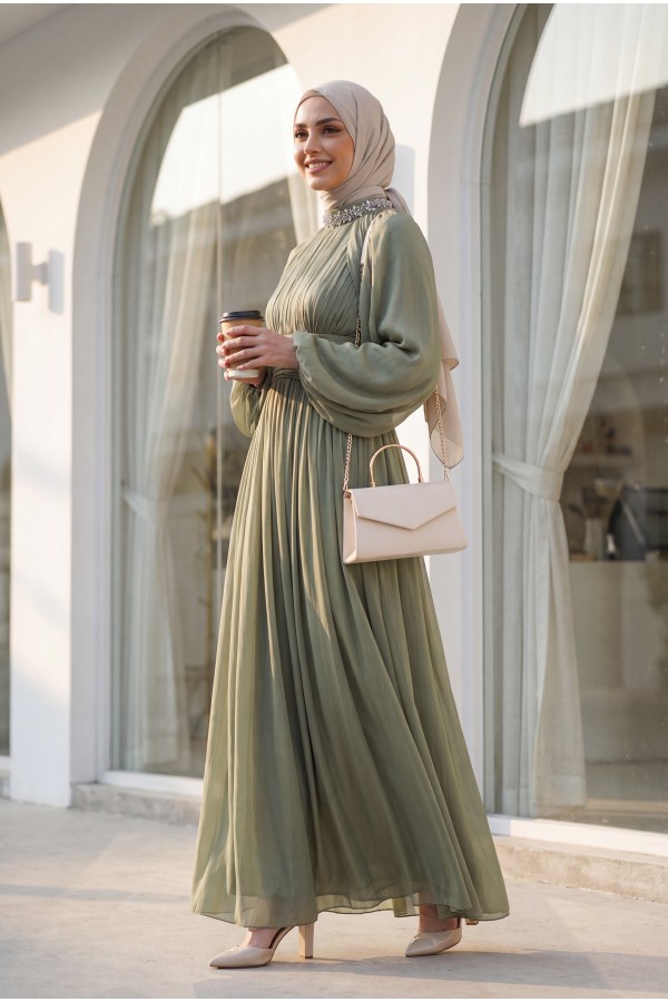 Draped Waist, Embellished Neckline, Cape Sleeves, Shimmering Chiffon Evening Dress -Sea green