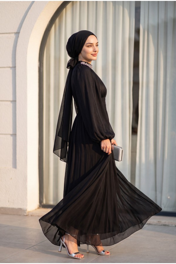 Draped Waist, Embellished Neckline, Cape Sleeves, Shimmering Chiffon Evening Dress -Black