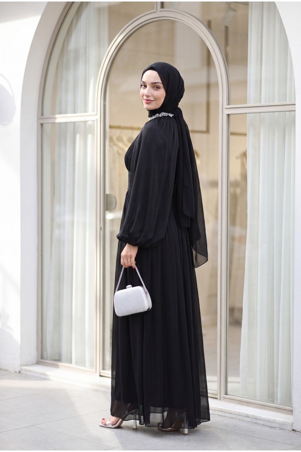 Draped Waist, Embellished Neckline, Cape Sleeves, Shimmering Chiffon Evening Dress -Black