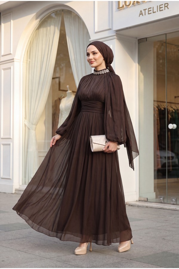 Draped Waist, Embellished Neckline, Cape Sleeves, Shimmering Chiffon Evening Dress -Brown