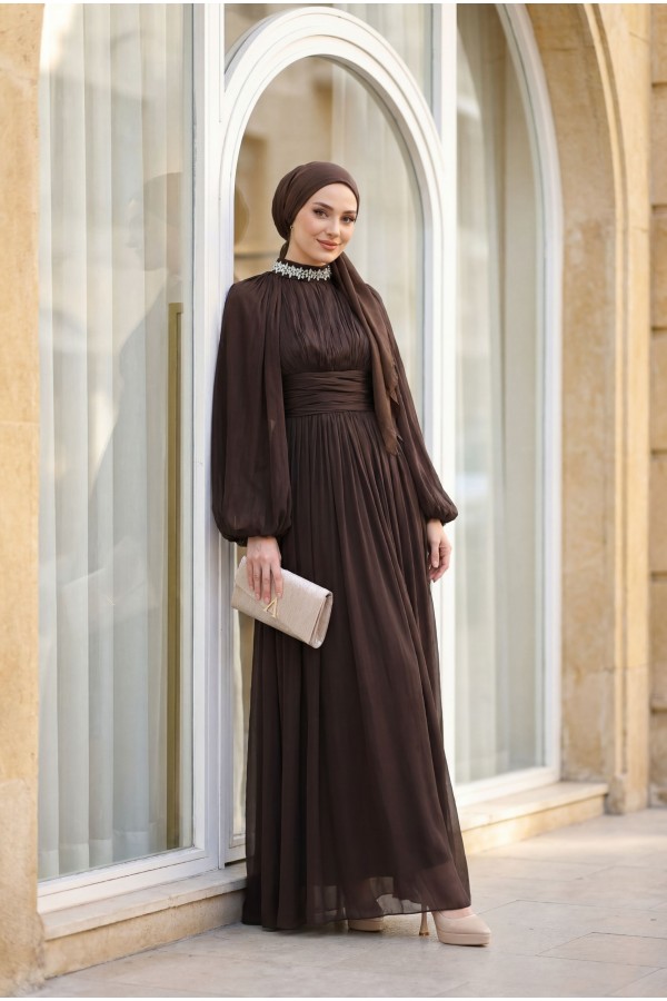 Draped Waist, Embellished Neckline, Cape Sleeves, Shimmering Chiffon Evening Dress -Brown