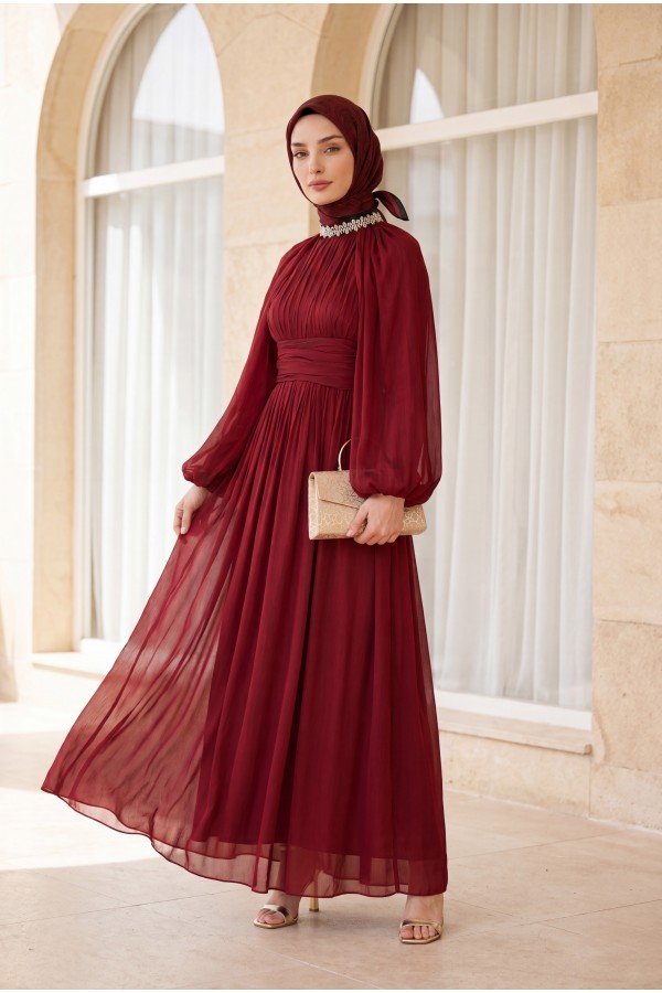 Draped Waist, Embellished Neckline, Cape Sleeves, Shimmering Chiffon Evening Dress -Maroon
