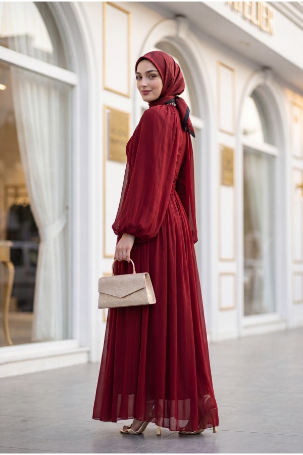 Draped Waist, Embellished Neckline, Cape Sleeves, Shimmering Chiffon Evening Dress -Maroon