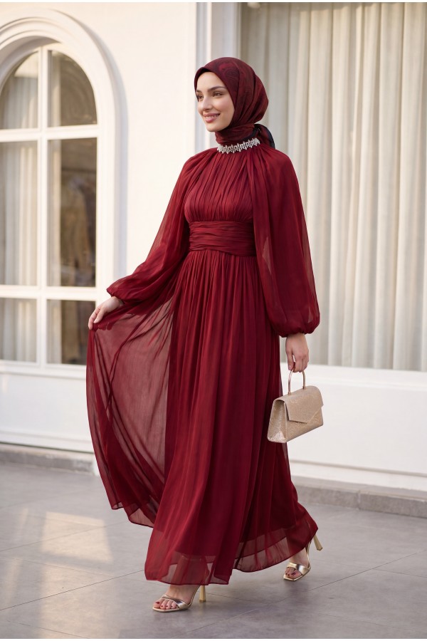 Draped Waist, Embellished Neckline, Cape Sleeves, Shimmering Chiffon Evening Dress -Maroon