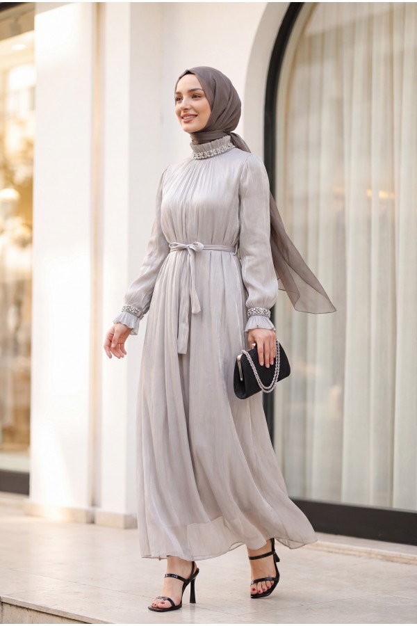 Sparkly Chiffon Evening Dress with Embellished Neckline and Sleeves and Belt -Stone