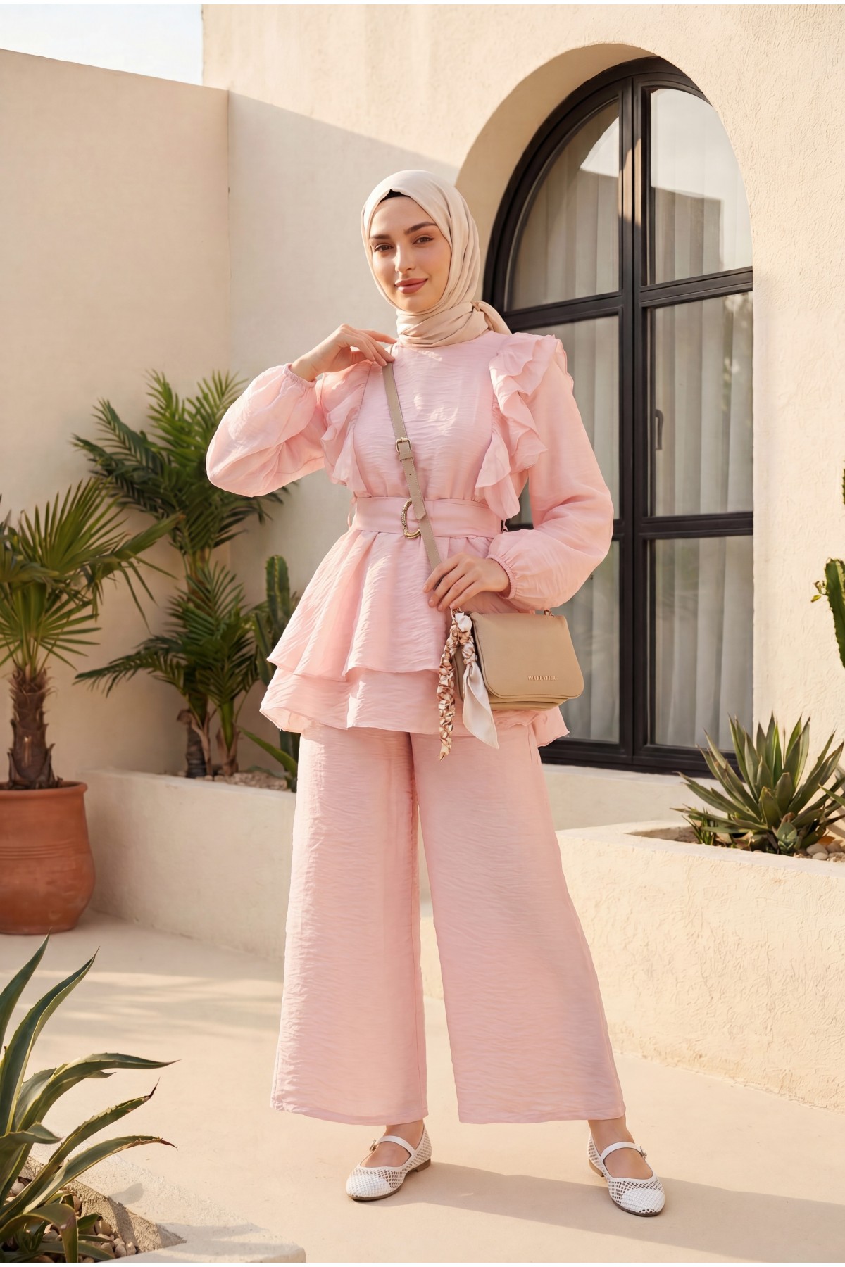 Voile Suit with Ruffled Front, Elasticated Sleeves and Trousers -Powder