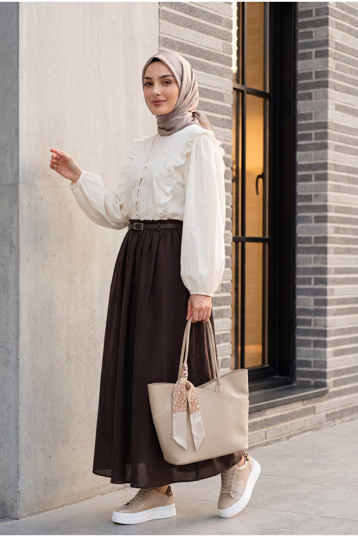 Cotton Voile Skirt with Pockets and Belt, Lined -Dark Coffee