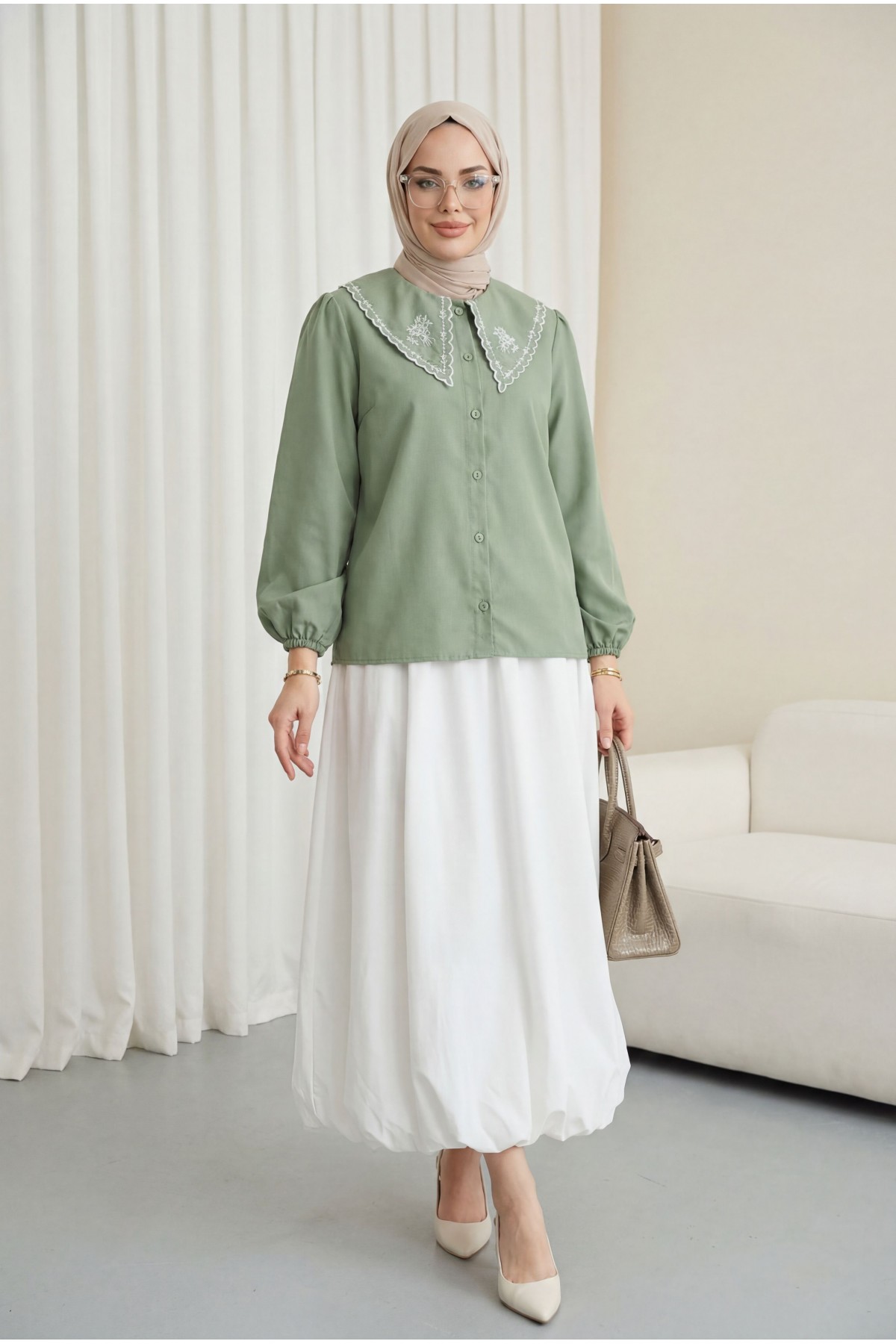 Peter Pan Collar Ruffled Poplin Shirt/Blouse with Elasticated Cuffs  -Cagla Green