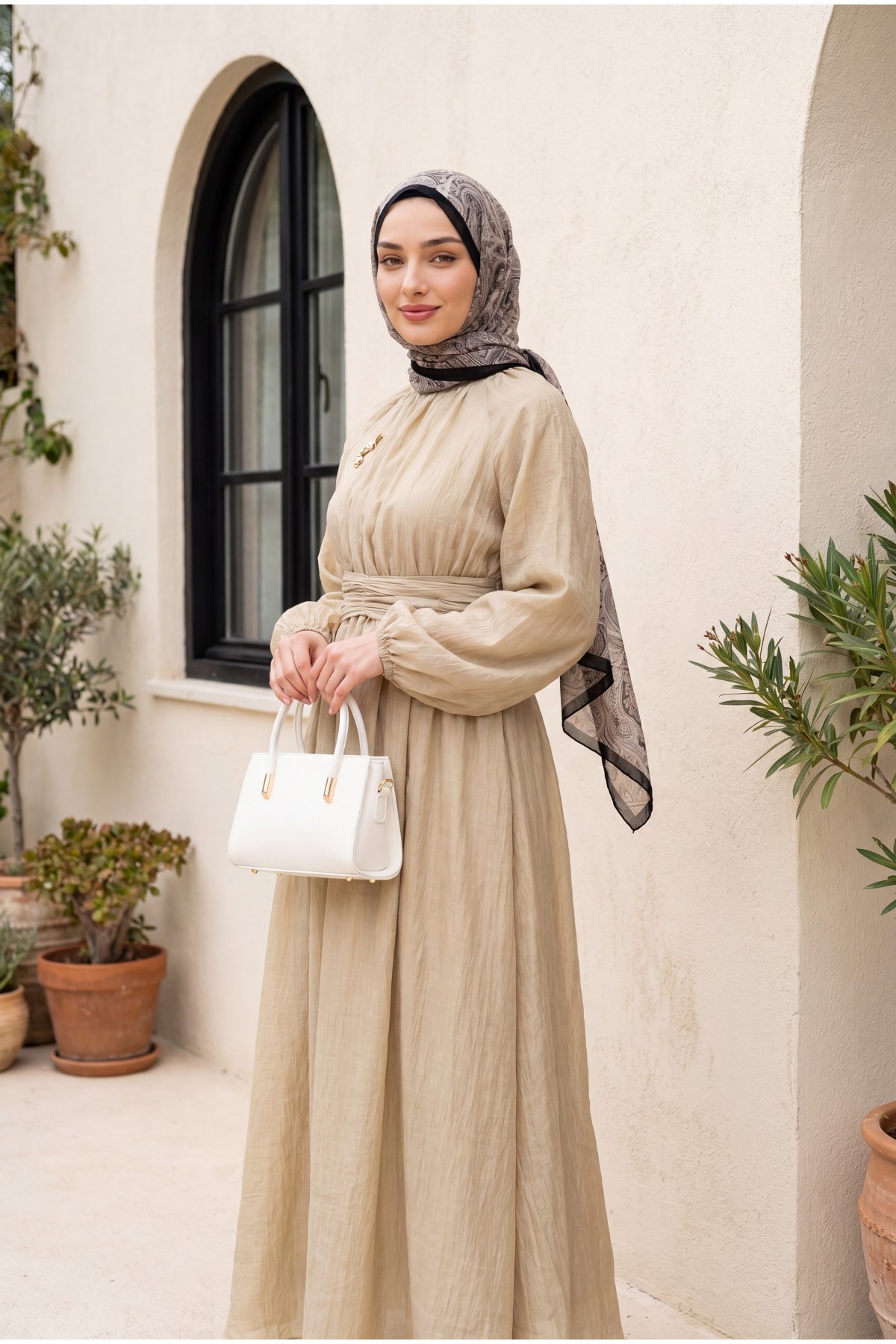 Belted, Elasticated Cuff, Brooch-Detailed, Lined, Linen-Look Dress -Mink color