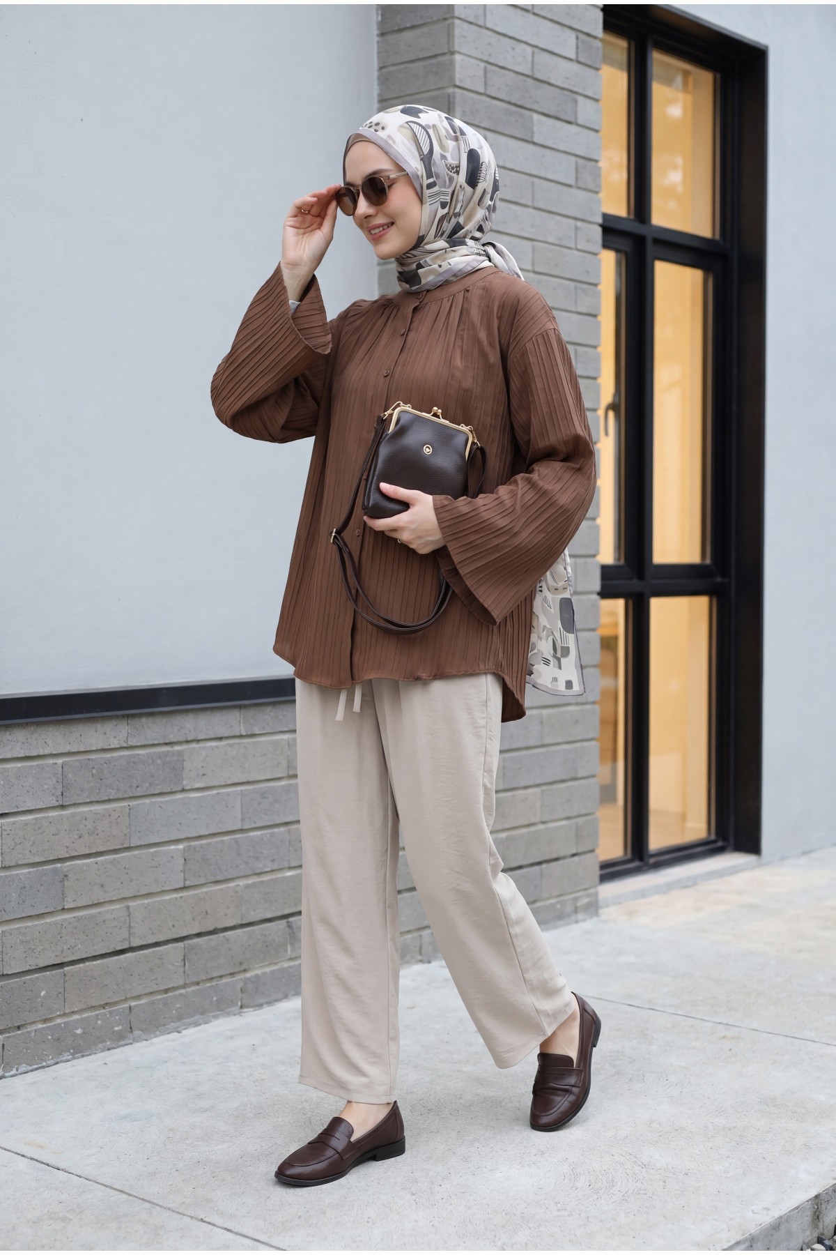 Round Neck Buttoned Spanish Sleeve Siena Tunic  -Brown