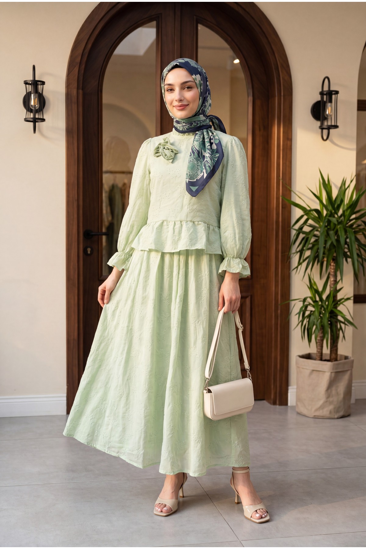 Rose Brooch Embellished, Elasticated Sleeve, Patterned, Lined, Voile Skirt Set -Sea green