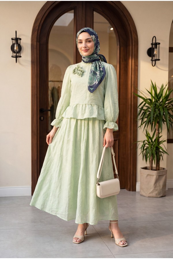 Rose Brooch Embellished, Elasticated Sleeve, Patterned, Lined, Voile Skirt Set -Sea green