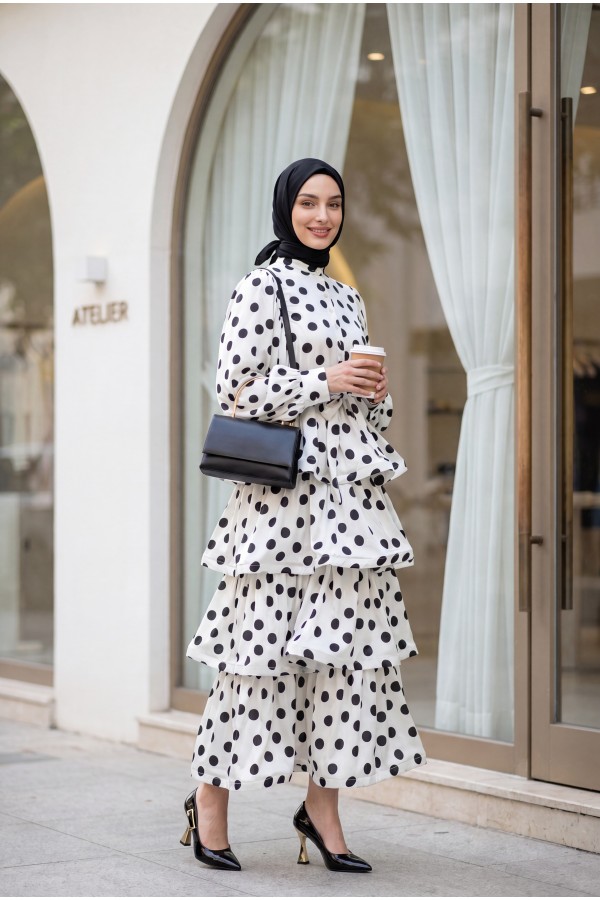 Polka Dot Layered Buttoned Belted Batwing Sleeve Satin Dress -White
