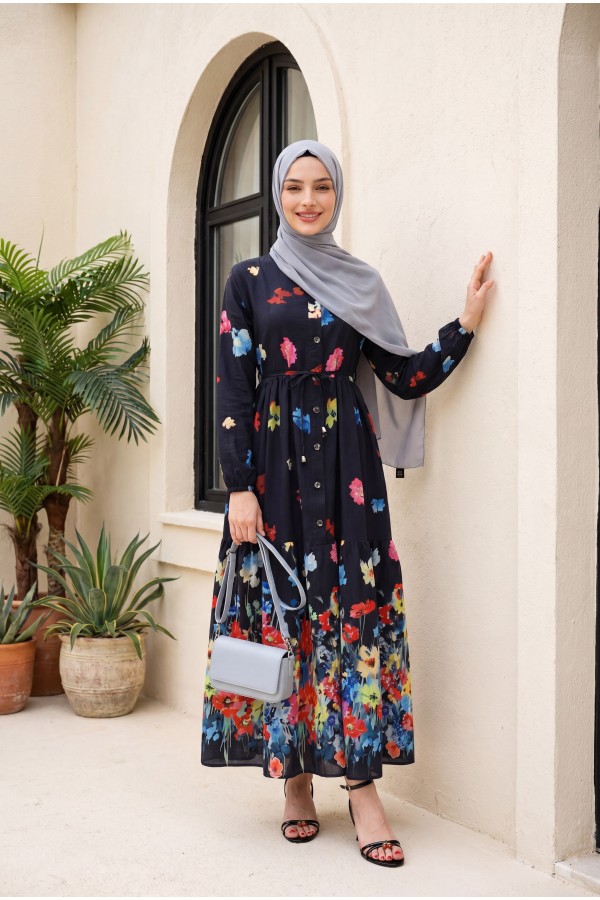 Floral Patterned Polycotton Dress with Elasticated Sleeves, Half Button Closure and Belt -Black