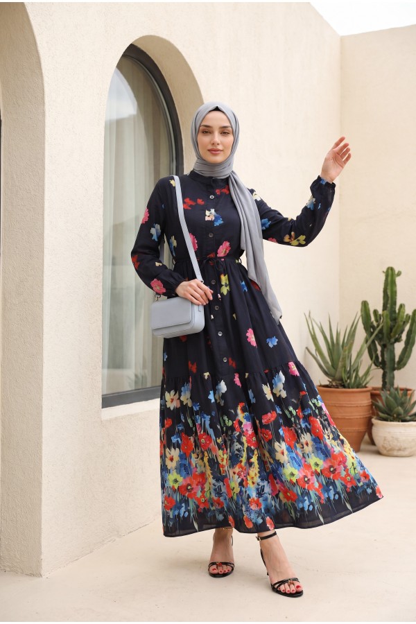 Floral Patterned Polycotton Dress with Elasticated Sleeves, Half Button Closure and Belt -Black
