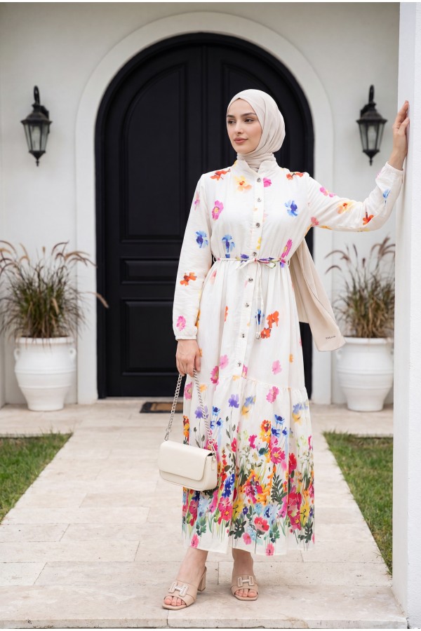 Floral Patterned Polycotton Dress with Elasticated Sleeves, Half Button Closure and Belt -Ecru