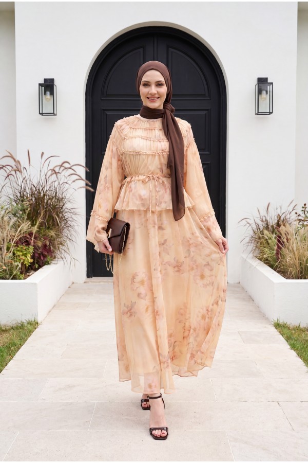 Wide-Sleeved, Over-Sleeved, Patterned, Lined Chiffon Set with Gipel Skirt -Salmon