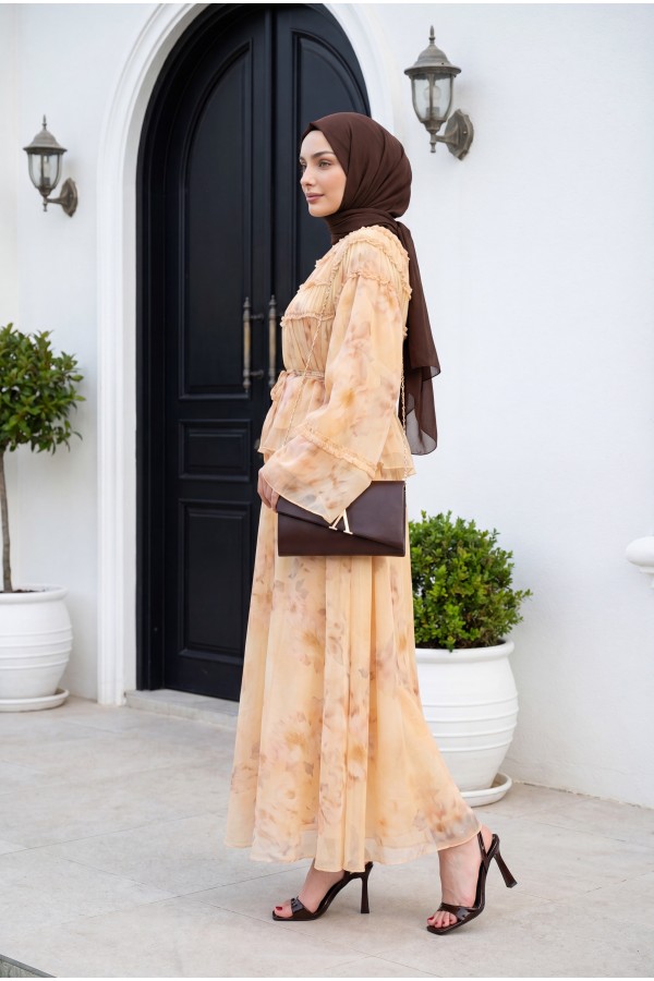 Wide-Sleeved, Over-Sleeved, Patterned, Lined Chiffon Set with Gipel Skirt -Salmon