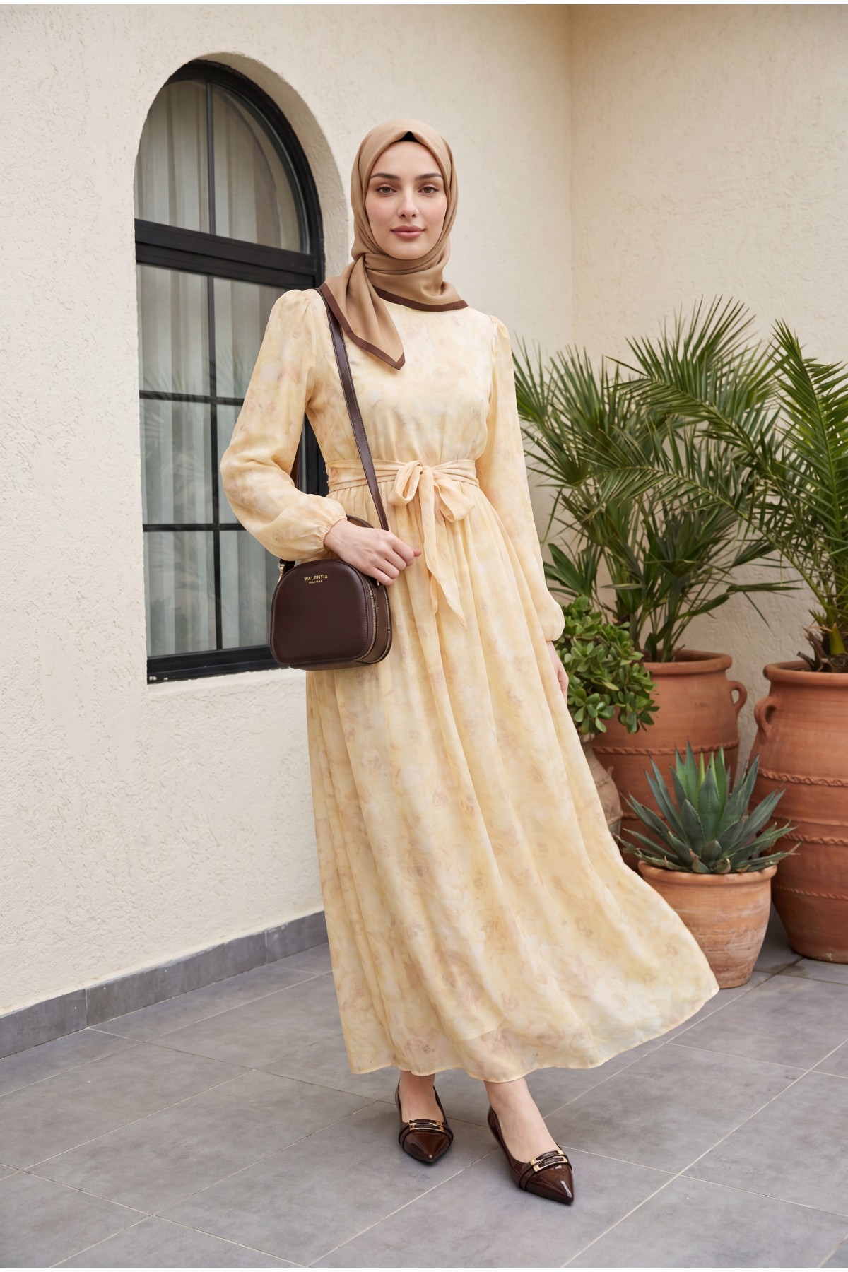 Belted Balloon Sleeve Lined Tulle Voile Dress -Yellow
