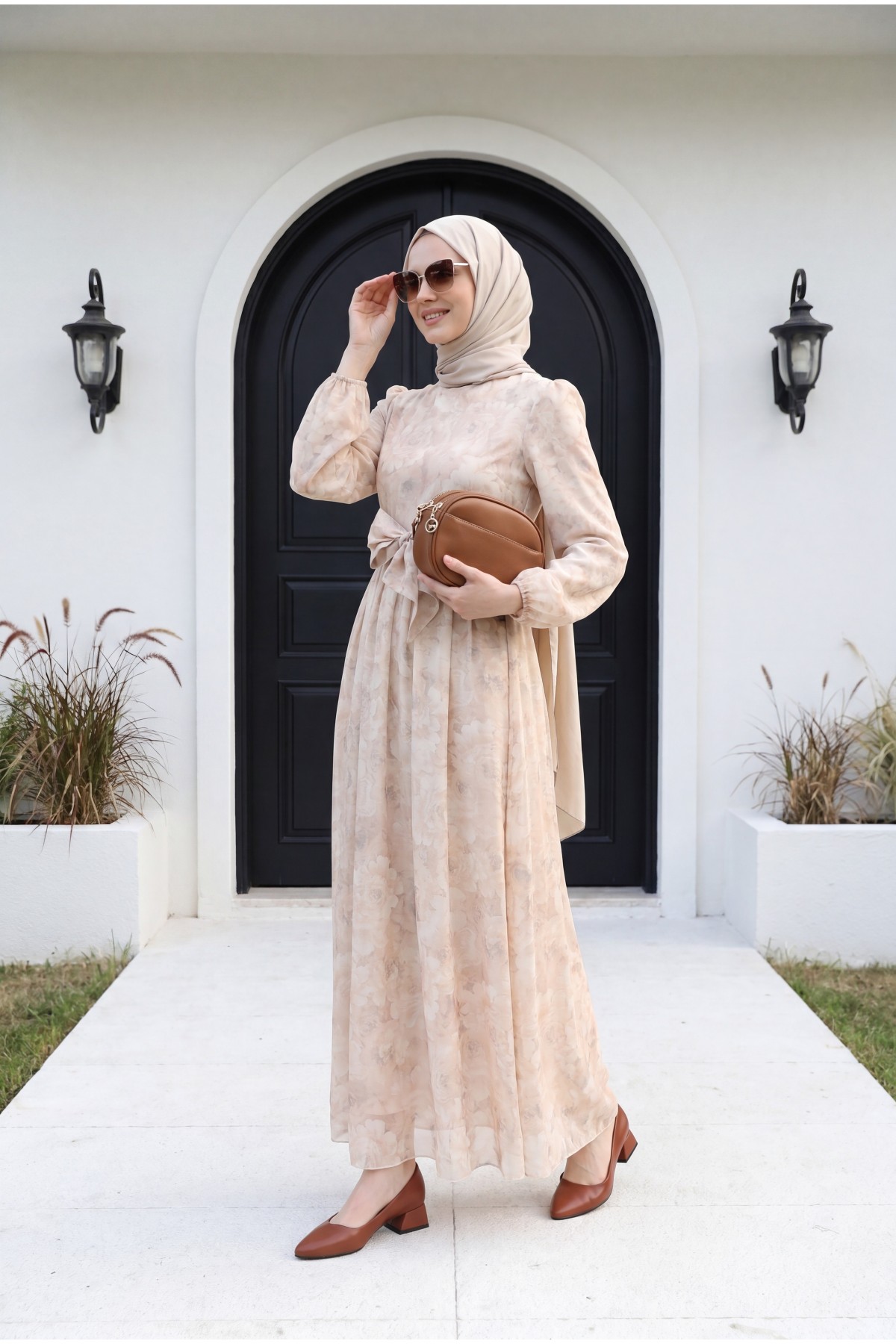 Belted Balloon Sleeve Lined Tulle Voile Dress - Beige