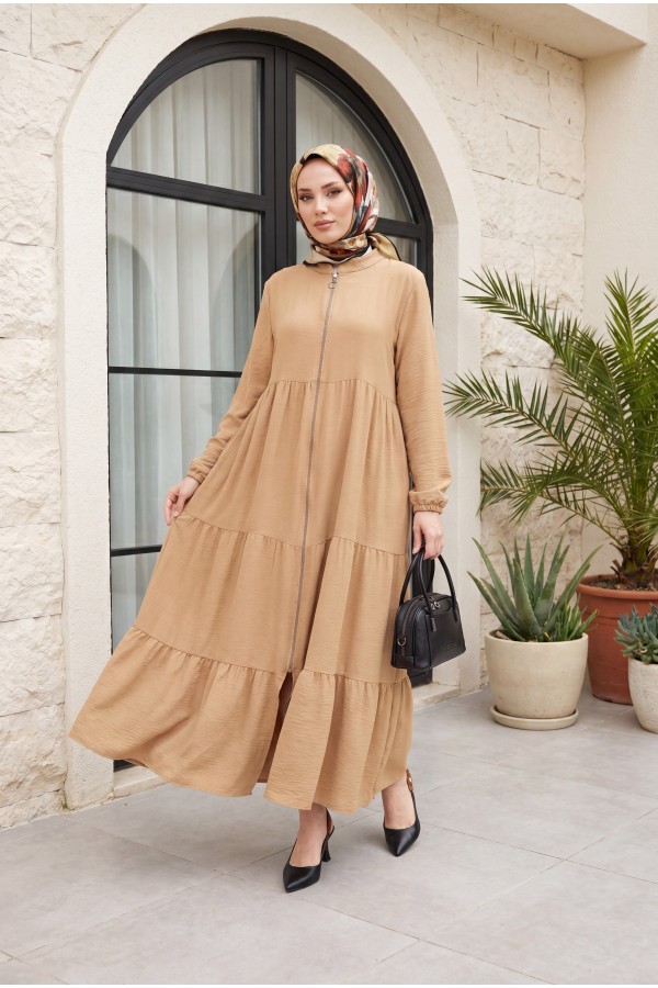 Ayrobin Abaya with Elasticated Sleeves and Zipper from the Neck  -Cinnamon
